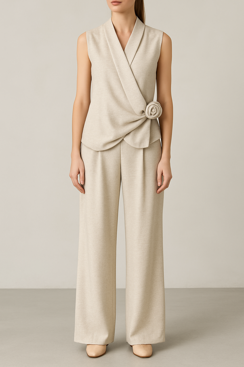 Sleeveless Wrap Top & Wide-Leg Pants Set – Elegant, Modern & Flattering Look