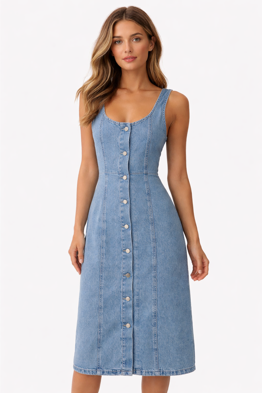 Button-Front Denim Midi Dress