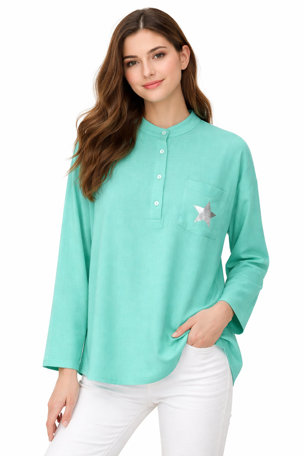 Women’s Blouse with Mandarin Collar and Star Pocket