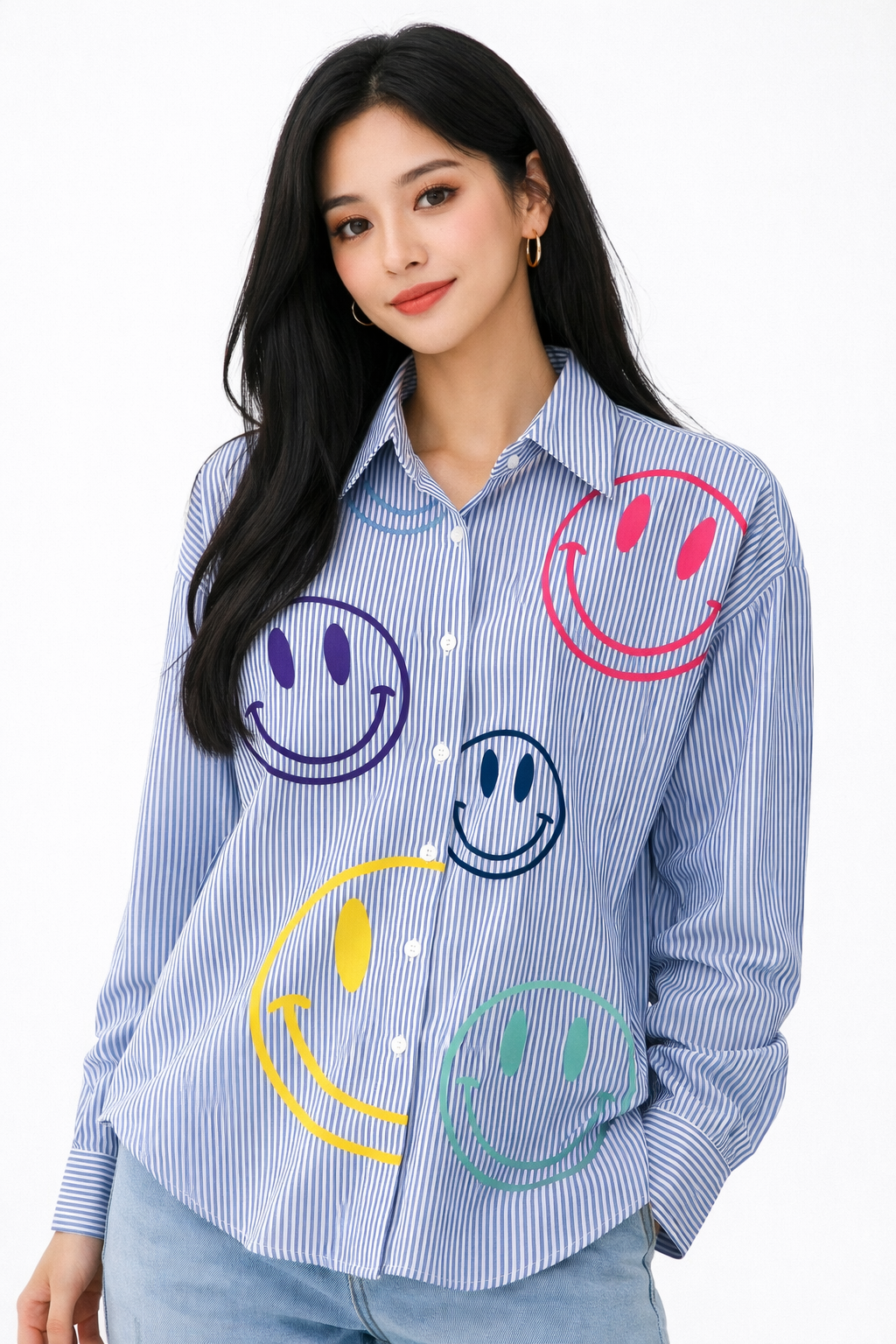 Striped Smiley Face Shirt – Colorful Printed Women’s Top