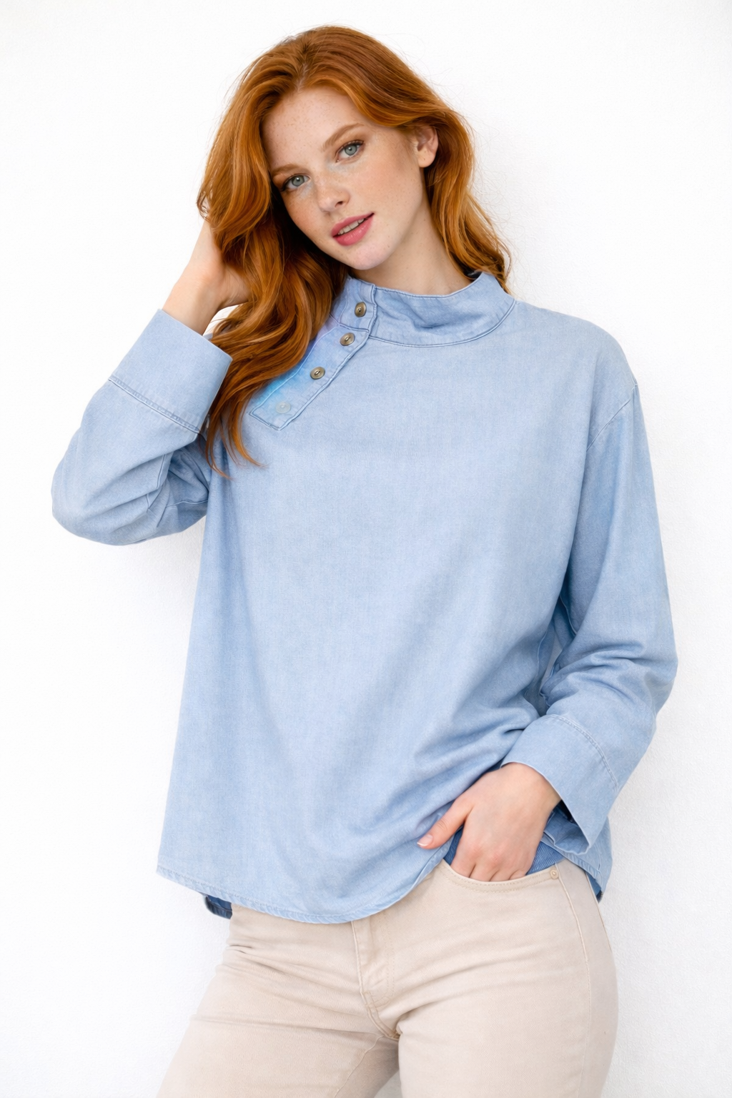 Denim High-Neck Blouse with Side Buttons