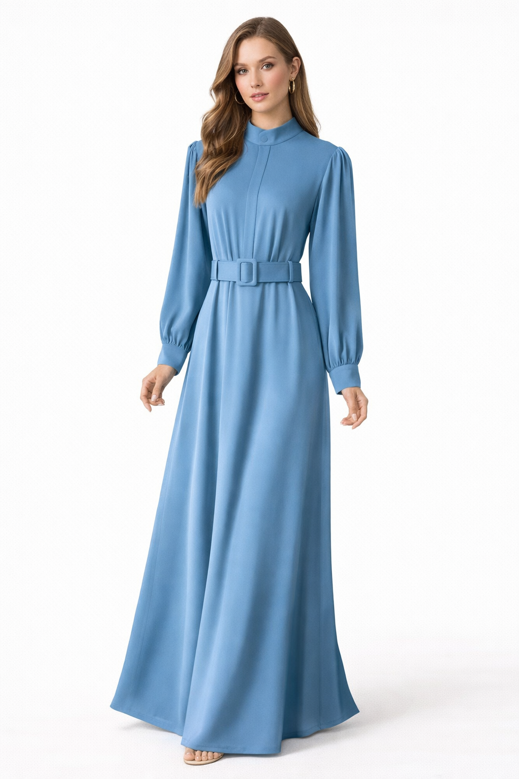 Elegant High-Neck Belted Maxi Dress