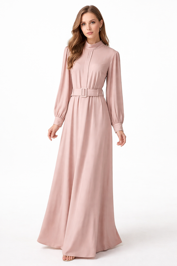 Elegant High-Neck Belted Maxi Dress