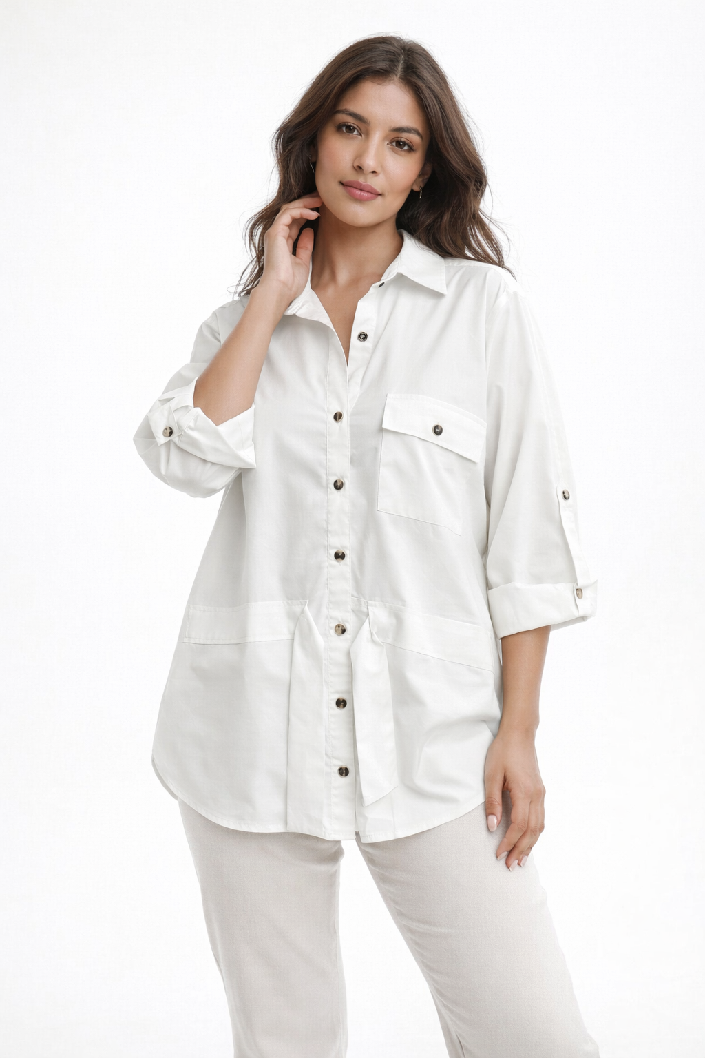 Long Casual Button-Down Shirt with Tie Waist