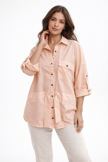Long Casual Button-Down Shirt with Tie Waist