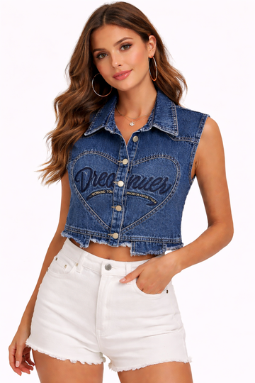 Dreamer Embroidered Cropped Denim Vest – Sleeveless