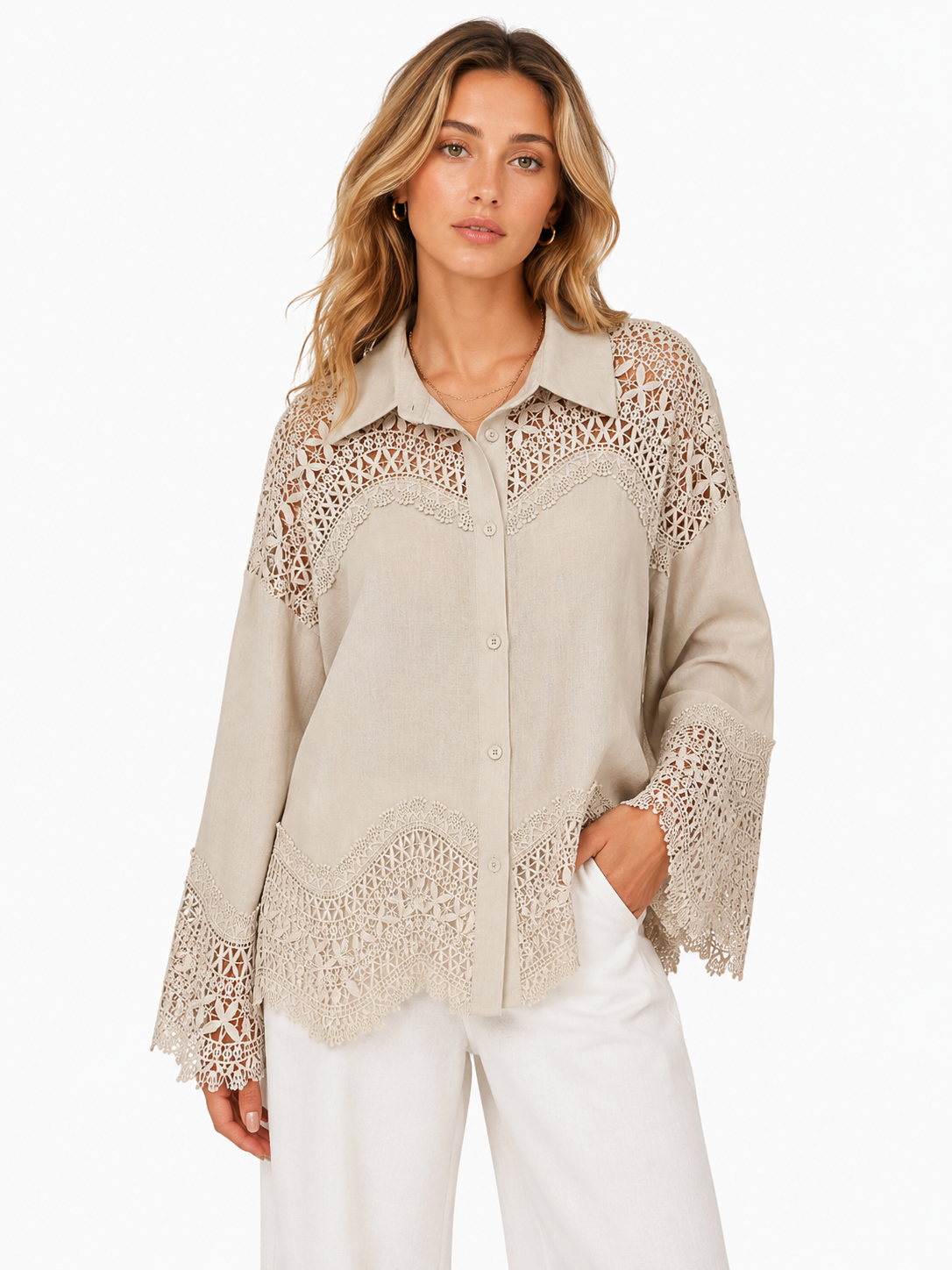 Lace Detail Button-Down Shirt – ONE MORE women's shirt – view 3