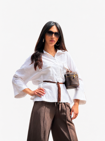 Linen Oversized Shirt with Braided Waist Tie