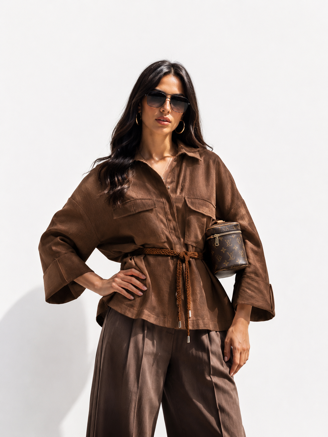 Linen Oversized Shirt with Braided Waist Tie