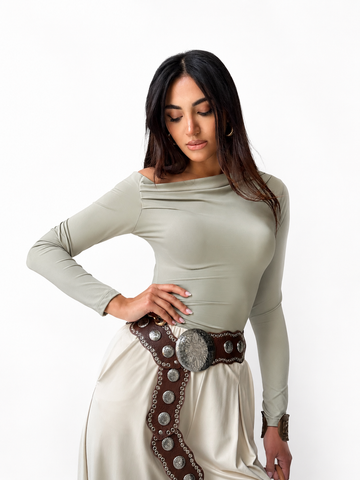 One-Shoulder Lycra Top with Gold Buckle Detail