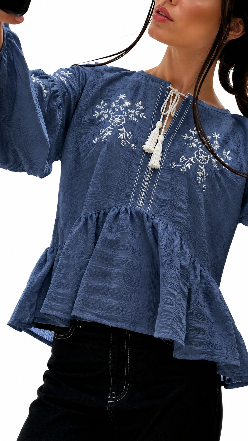 Embroidered Tie-Neck Peplum Blouse – ONE MORE women's blouse – view 6