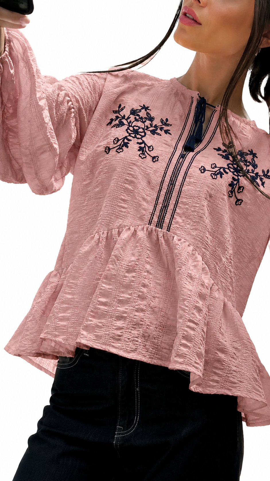 Embroidered Tie-Neck Peplum Blouse – ONE MORE women's blouse – view 5