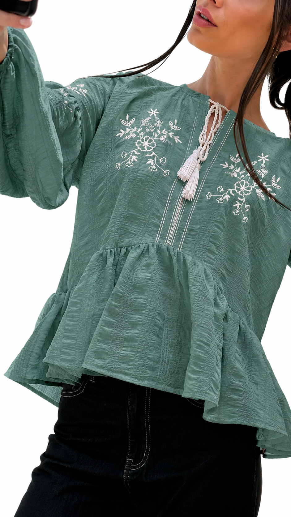 Embroidered Tie-Neck Peplum Blouse – ONE MORE women's blouse – view 4
