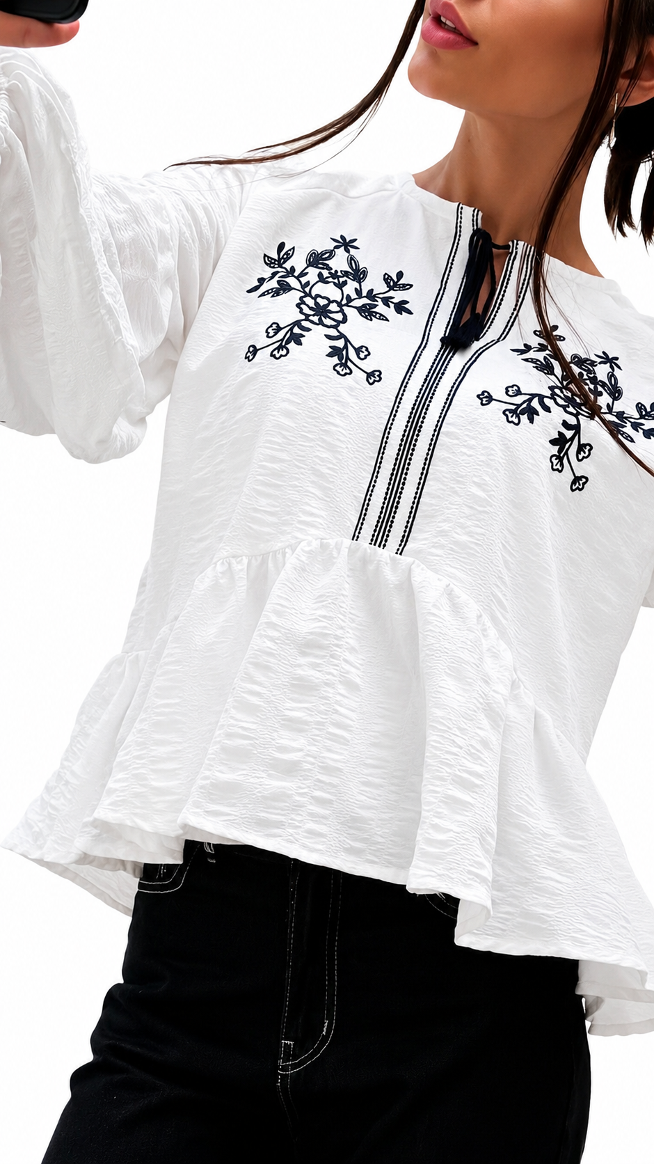 Embroidered Peplum Blouse with Tie-Neck Detail