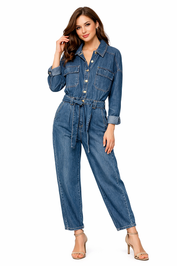 Casual Denim Belted Jumpsuit