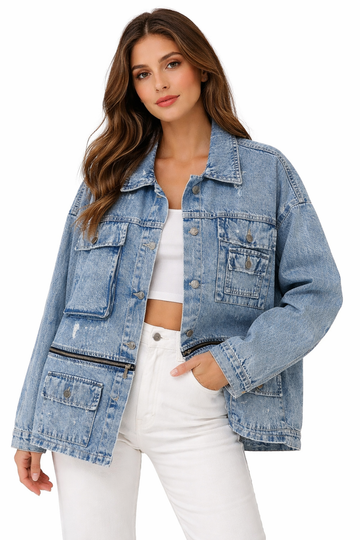 Oversized Denim Jacket with Utility Pockets