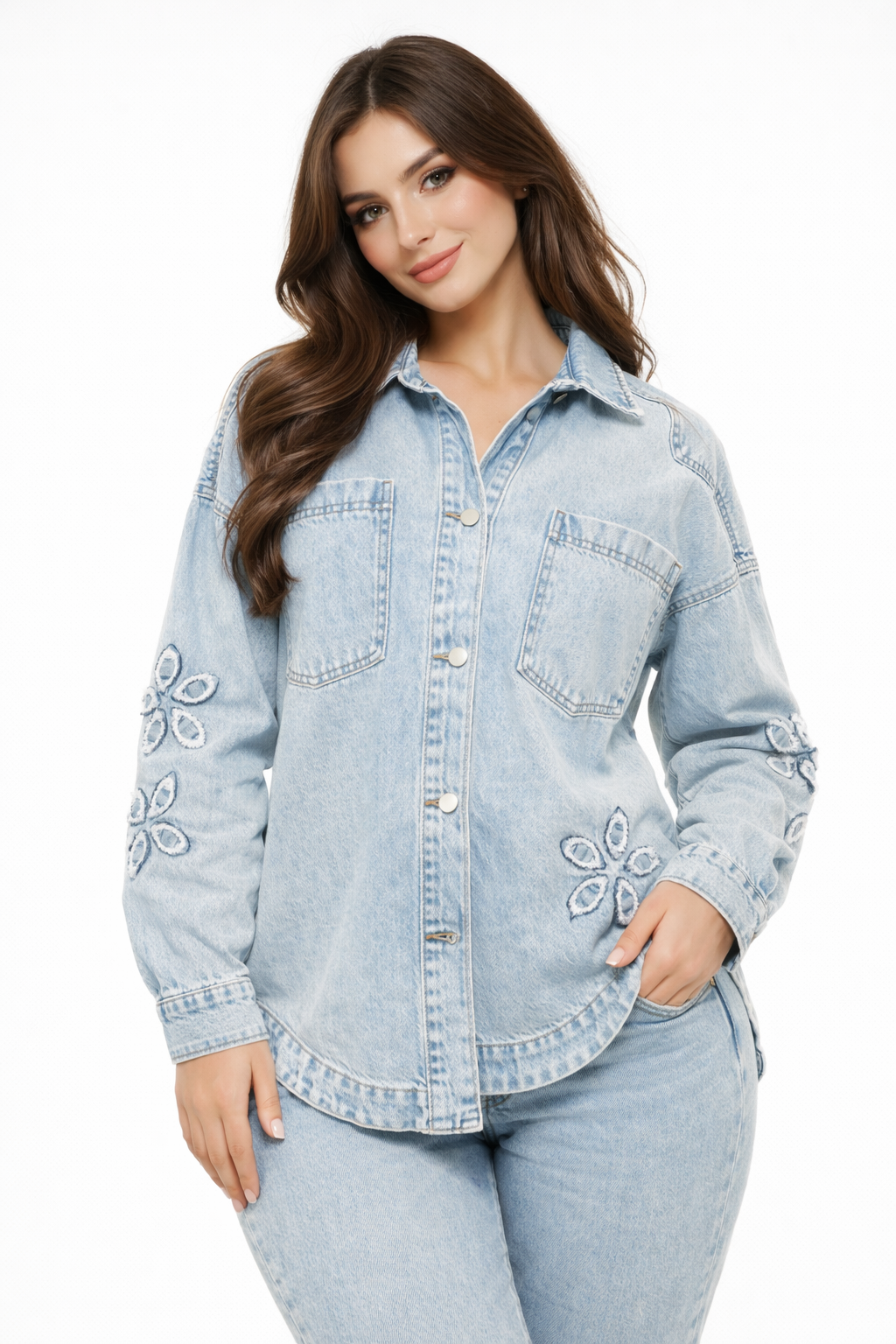 Elegant Women’s Denim Shirt with Embroidered Details