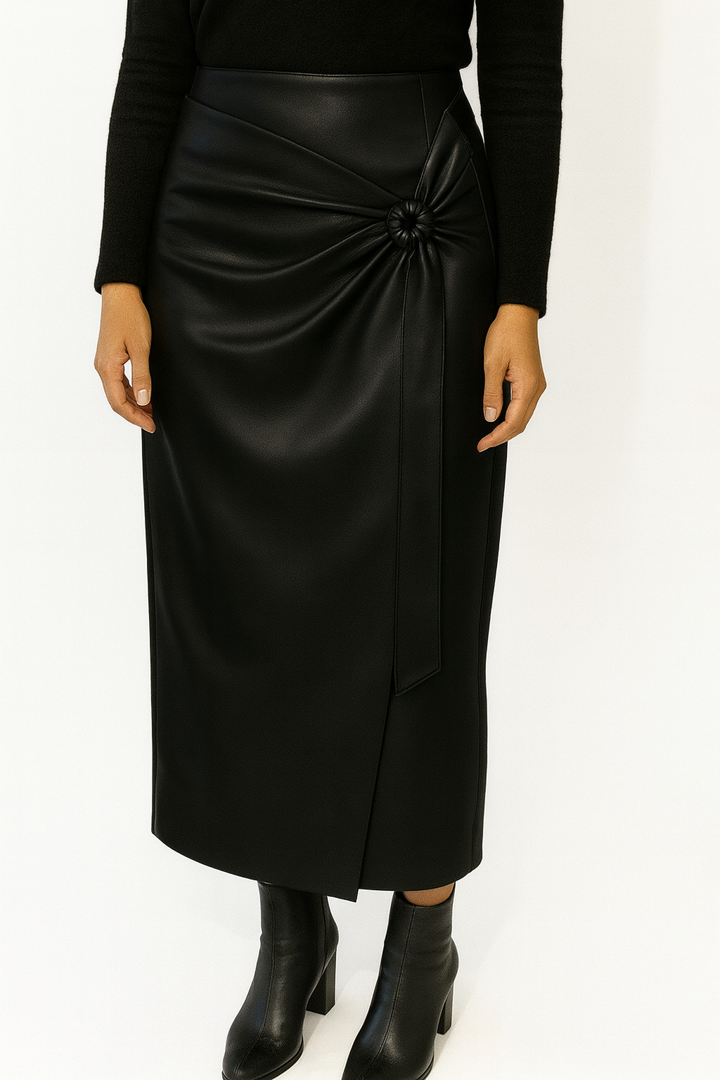 Faux Leather Knot Detail Midi Skirt – Elegant Wrap Style for Women