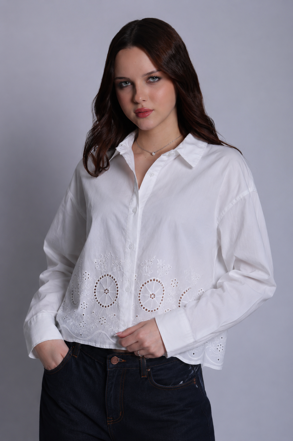 Embroidered Cropped Shirt – ONE MORE women's shirt – view 6