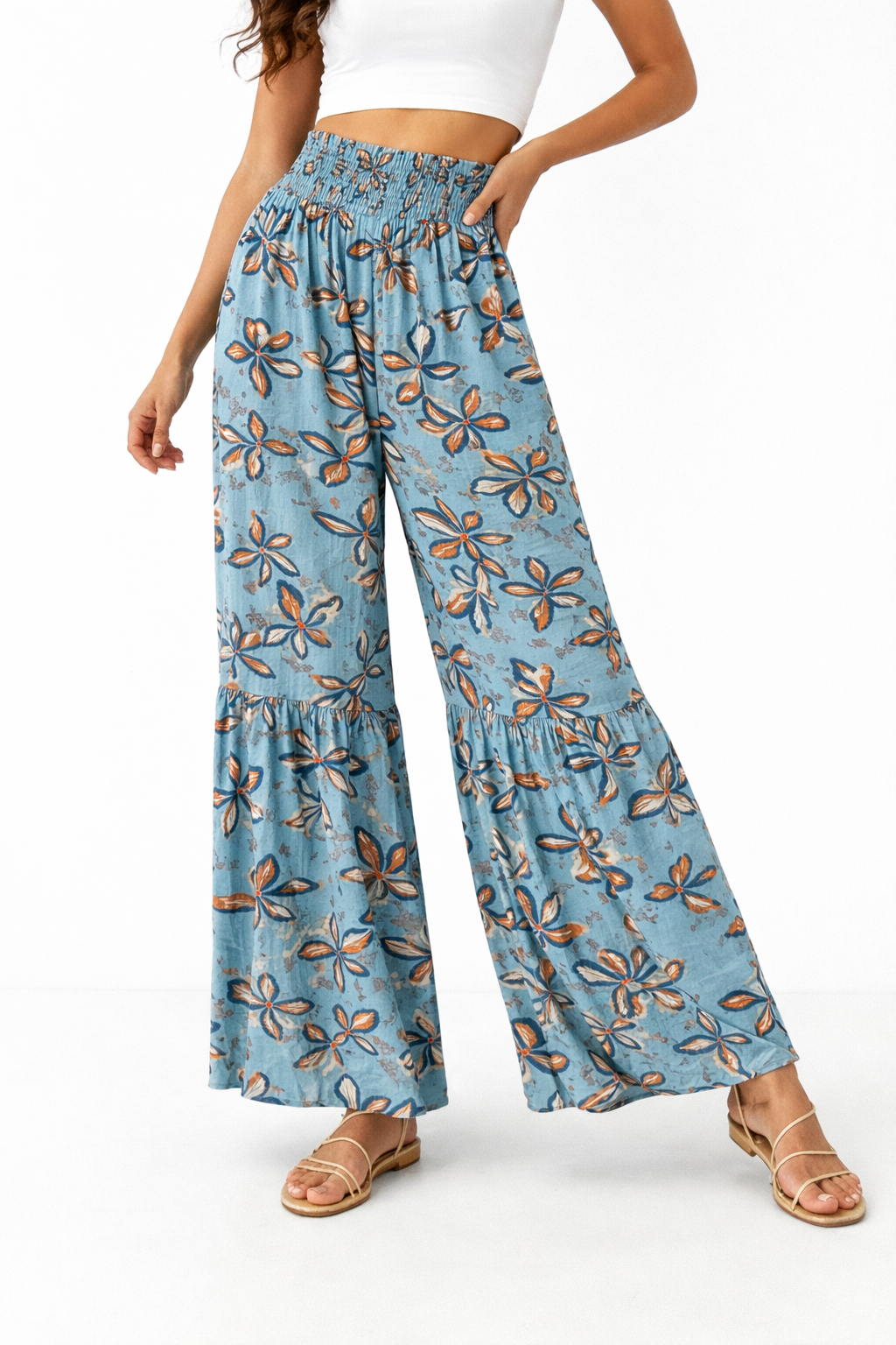 Printed Smocked Waist Wide-Leg Pants