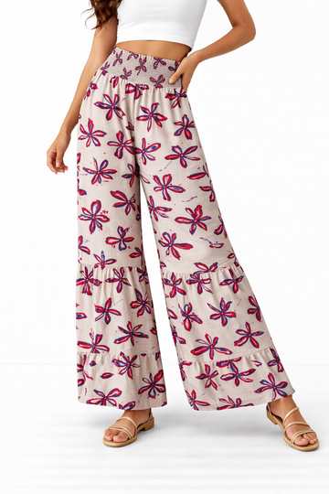 Printed Smocked Waist Wide-Leg Pants