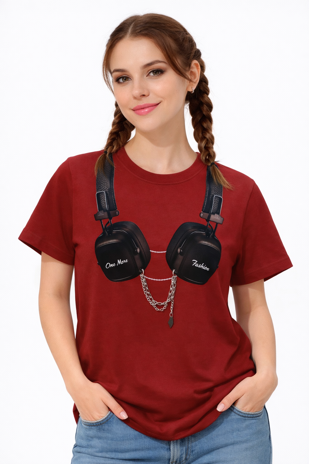 Headphones Print T-Shirt – Casual Graphic Tee for Women