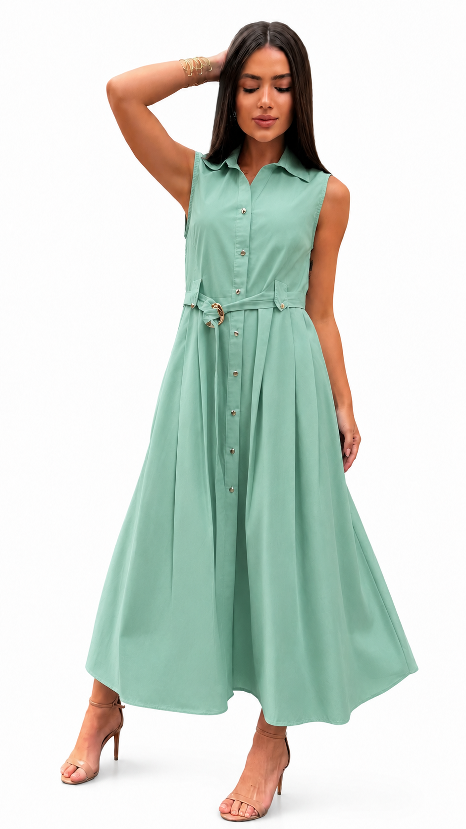 Classic Sleeveless Midi Dress with Belt