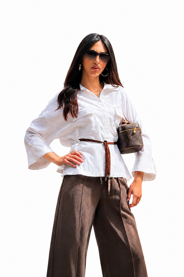 Linen Oversized Shirt with Braided Waist Tie