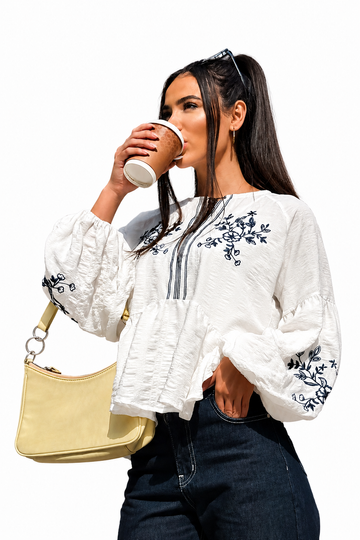 Embroidered Peplum Blouse with Tie-Neck Detail