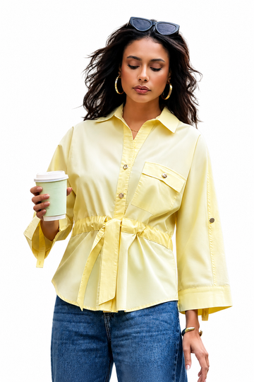 Long Casual Button-Down Shirt with Tie Waist