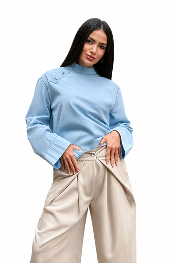 Denim High-Neck Blouse with Side Buttons