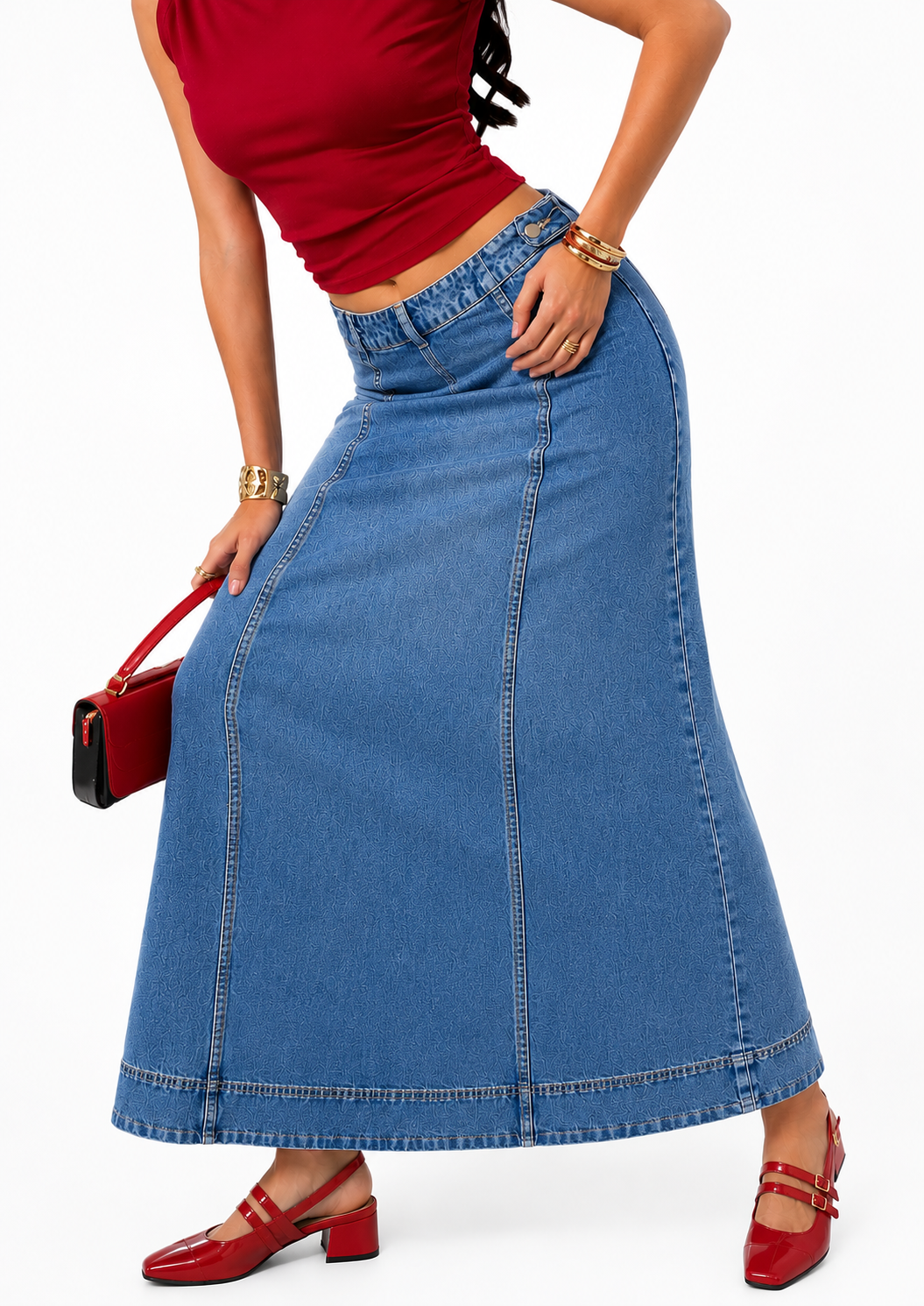 Midi Length, High Waist, Panel Design
