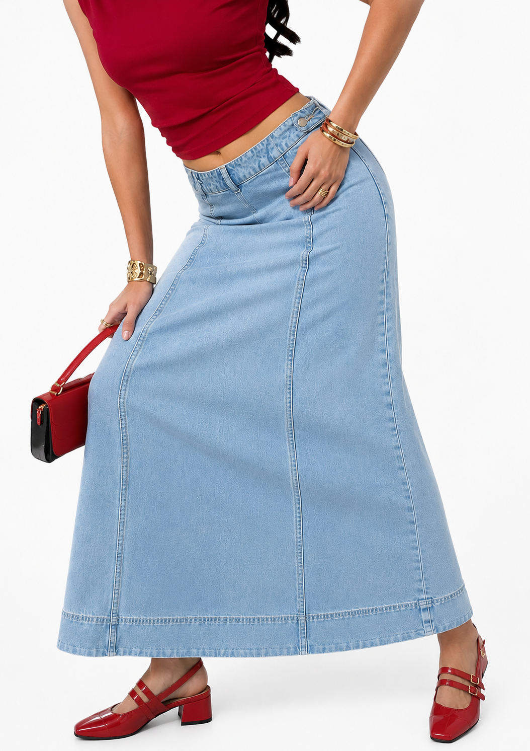 Midi Length, High Waist, Panel Design