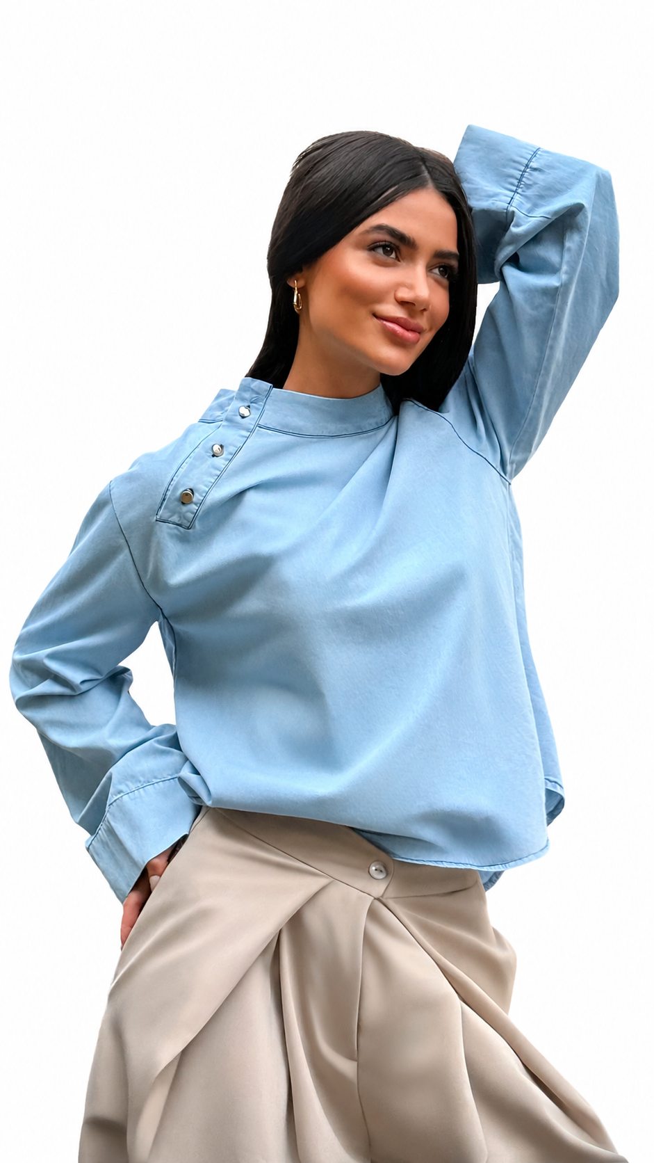 Denim High-Neck Blouse with Side Buttons
