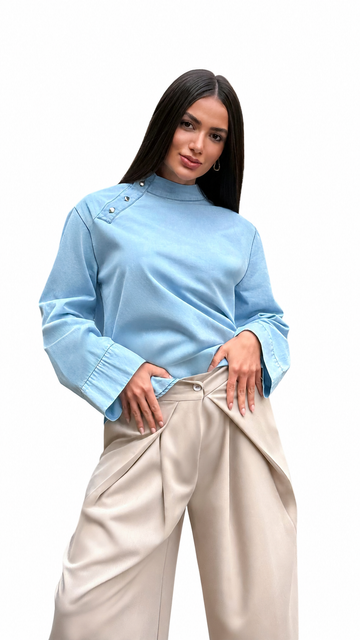 Denim High-Neck Blouse with Side Buttons