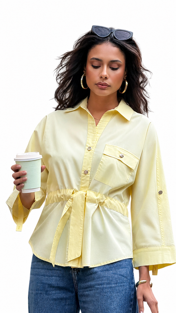 Long Casual Button-Down Shirt with Tie Waist