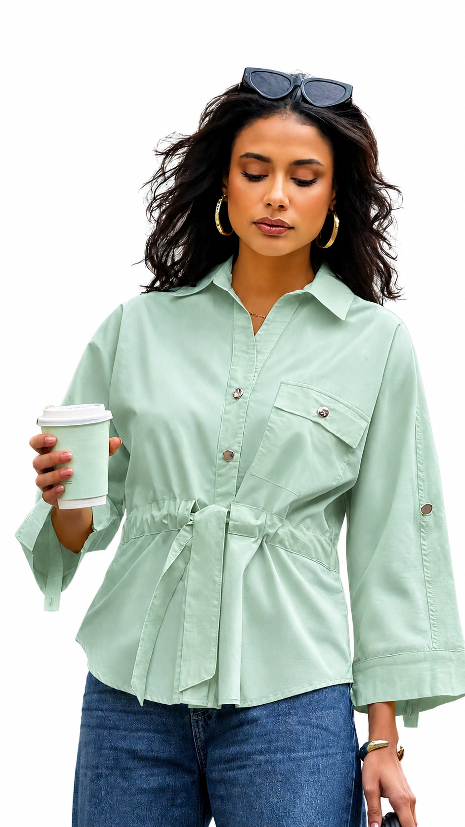 Long Casual Button-Down Shirt with Tie Waist