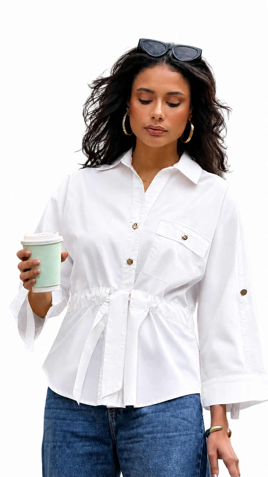 Long Casual Button-Down Shirt with Tie Waist