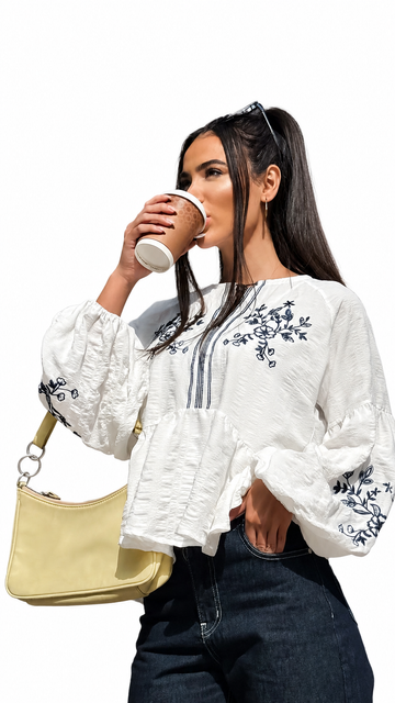 Embroidered Peplum Blouse with Tie-Neck Detail