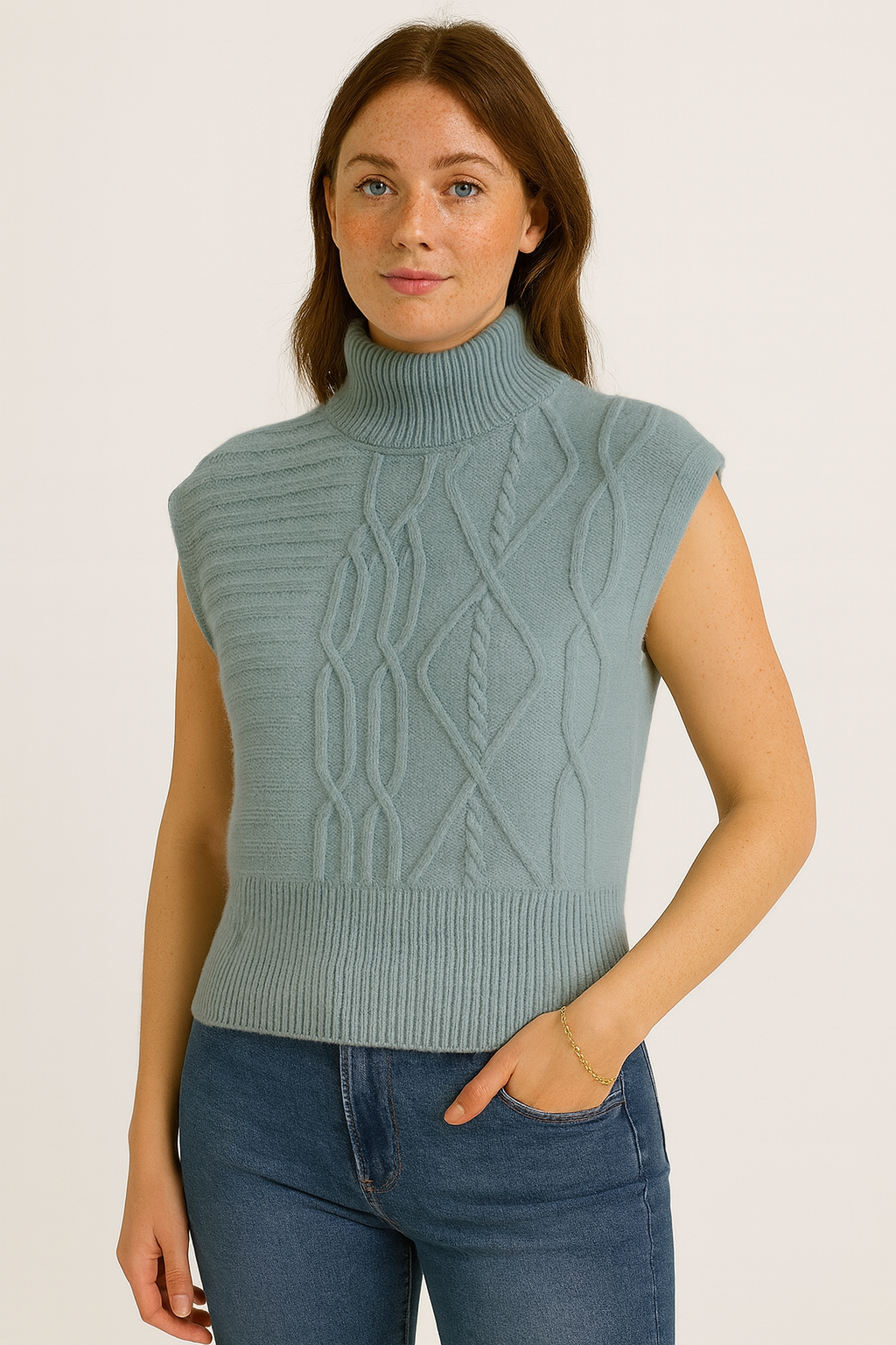 Cable Knit Sleeveless Turtleneck Sweater – Elegant Layering Essential