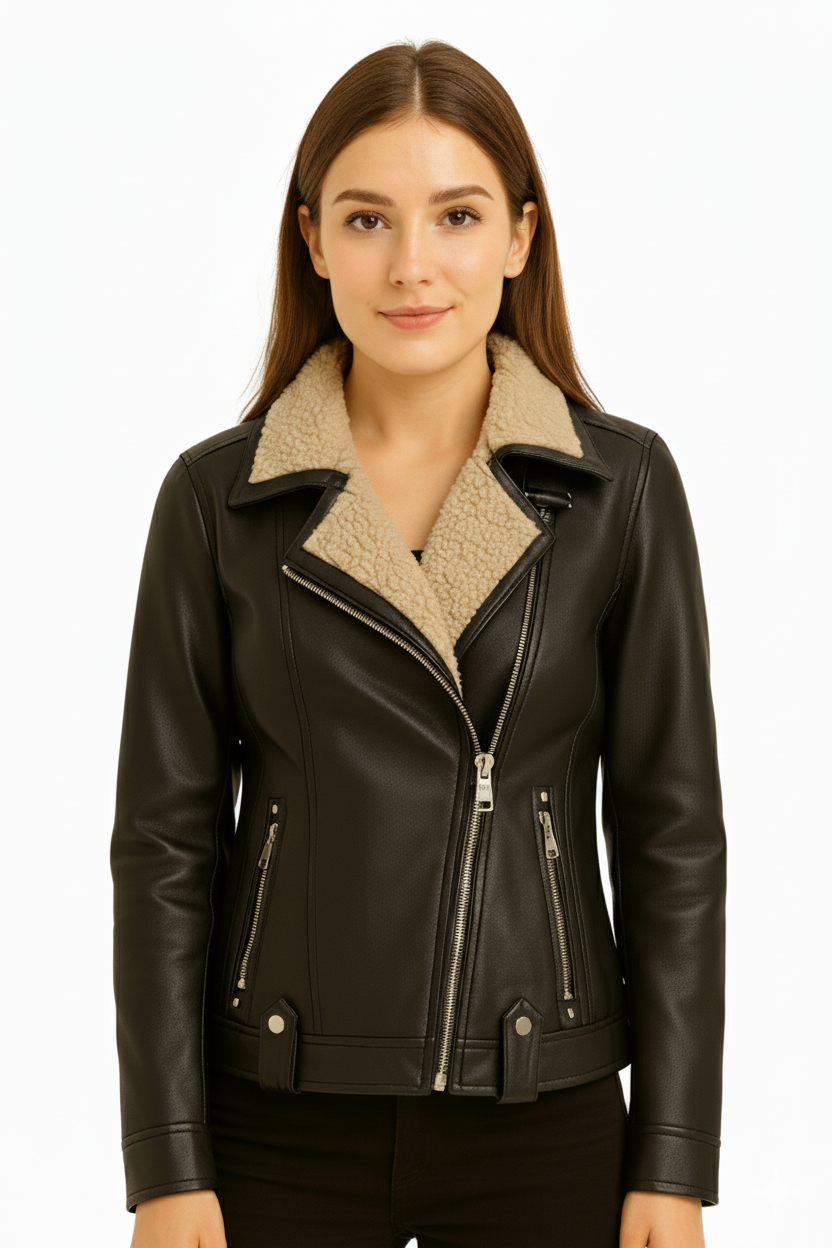 Women’s Faux Leather Jacket with Shearling Collar – Warm Lined Moto Coat