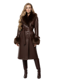 Long Faux-Leather Coat with Fur Trim