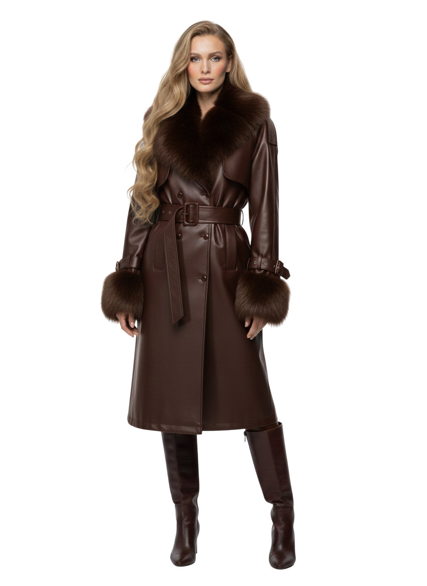 Long Faux-Leather Coat with Fur Trim