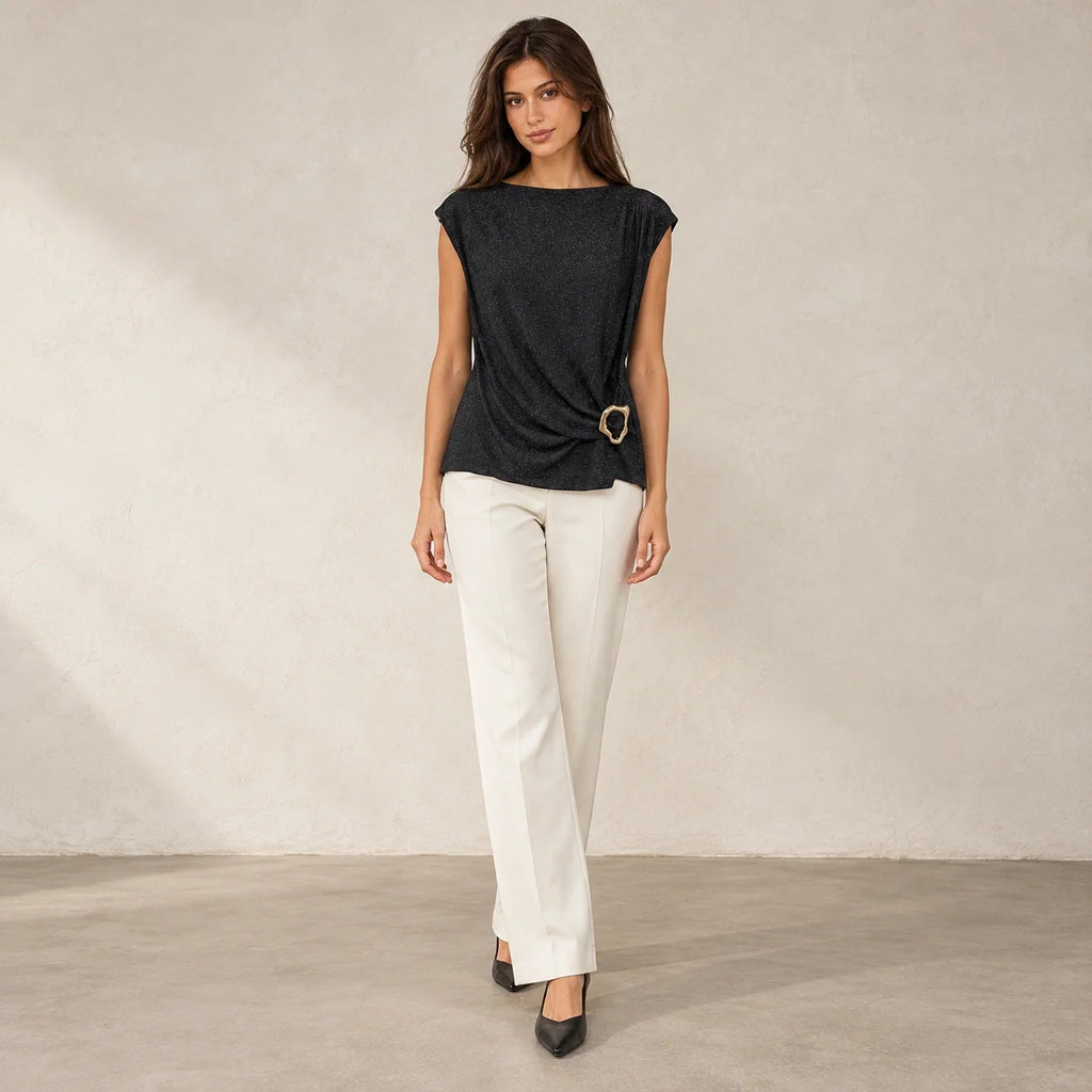 Shimmer Ring Draped Top in Black — ONE MORE