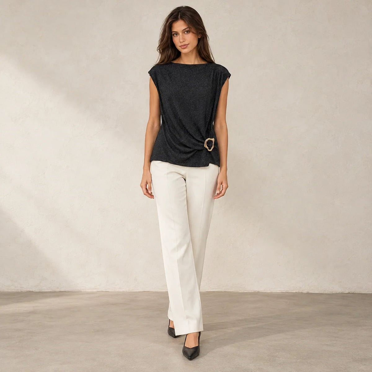 Shimmer Ring Draped Top in Black — ONE MORE