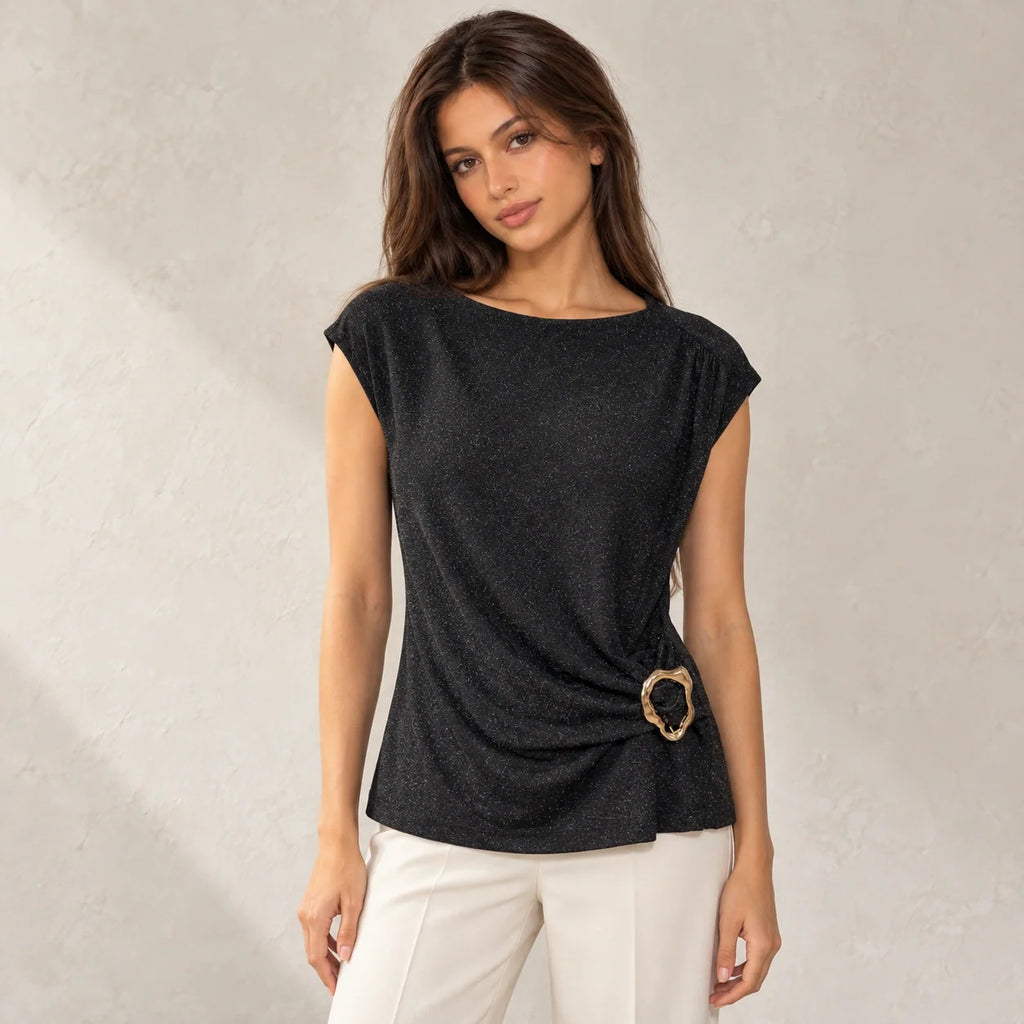 Shimmer Ring Draped Top in Black — ONE MORE