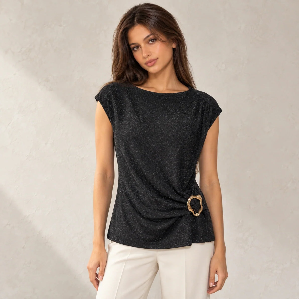 Shimmer Ring Draped Top in Black — ONE MORE