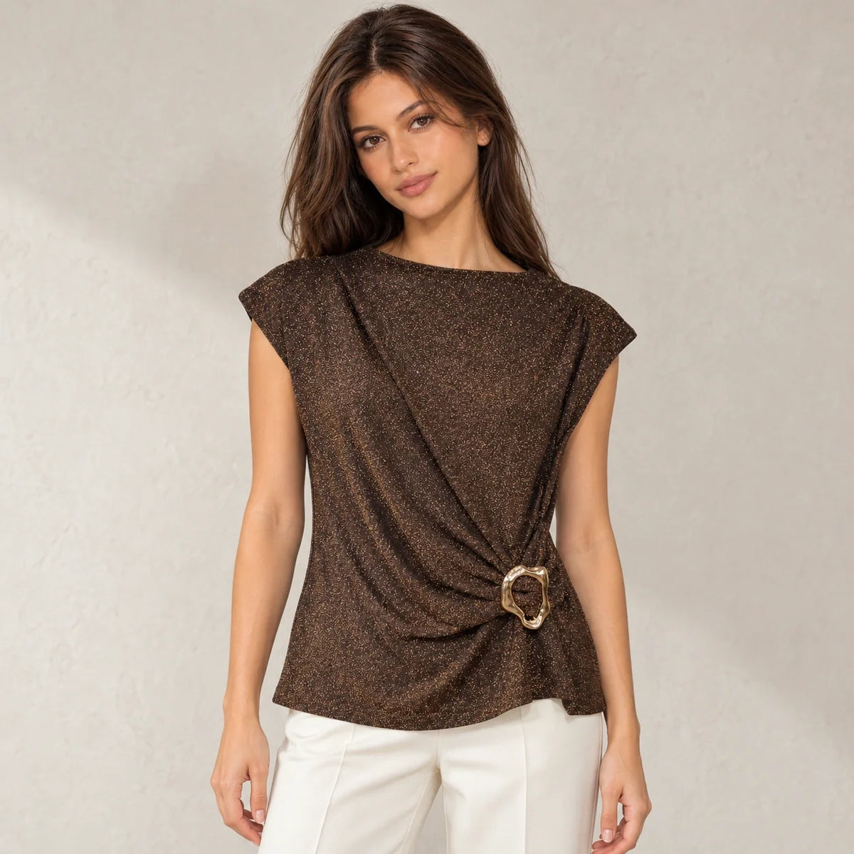 Shimmer Ring Draped Top in Brown — ONE MORE
