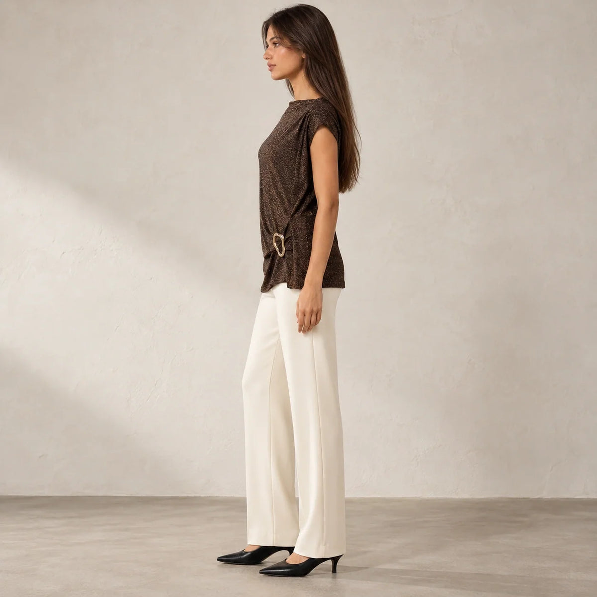Shimmer Ring Draped Top in Brown — ONE MORE