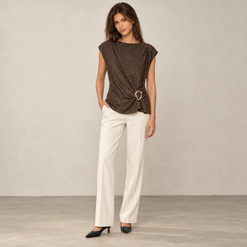 Shimmer Ring Draped Top in Brown — ONE MORE